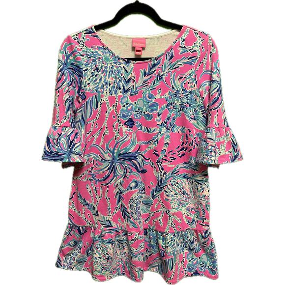 Lilly Pulitzer Other - Lilly Pulitzer Girls Pink Blue Ruffle Hem Dress XL (14) Sorrento Dress